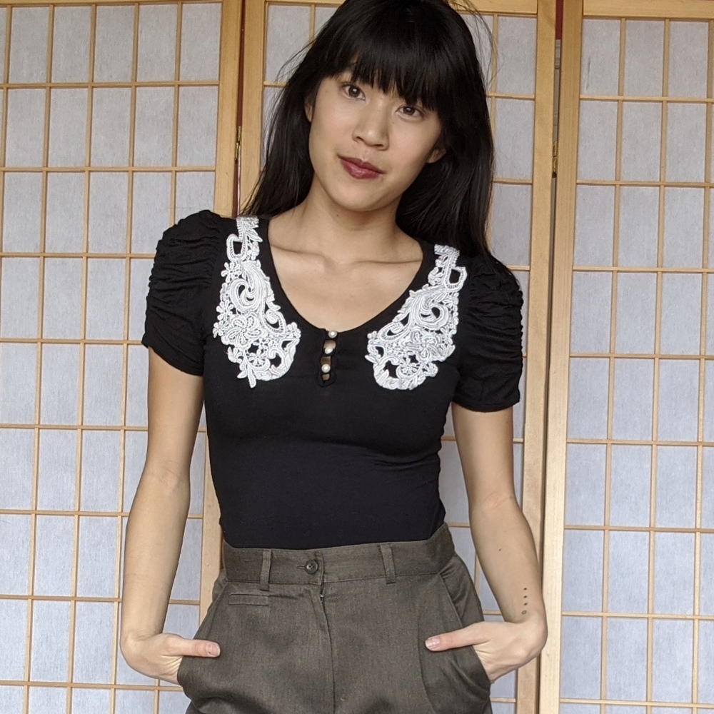 Black short sleeve with cream colored lace